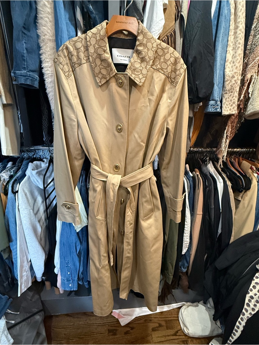 Coach Tan Trench Coat with Signature Monogram Yoke